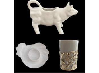 Knobler Cow Creamer, Chicken Egg Cup & Toothpick Holder Pair