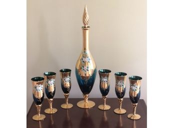 Bohemian Glass Decanter And Six Cordial Glasses
