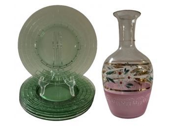 Gorgeous Green Depression Glass Plates & Painted Vase