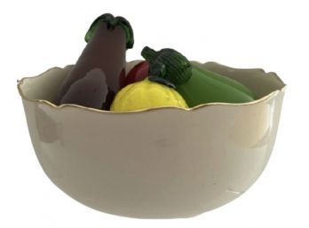 Large Gold Rimmed Bowl By Lexox W/ Handblown Fruit (Eggplant, Apple, Pear, Lemon)
