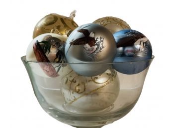Vintage Christmas Ornaments In Glass Bowl