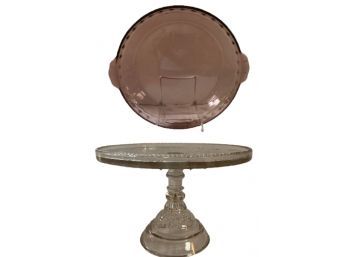 Pink Glass Pie Tray & Cake Pedestal