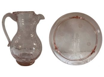 Crackle Glass Pitcher And Glass Serving Plate