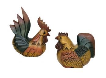Carved Wood Chicken & Rooster Pair