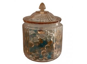 Pink Depression Glass Lidded Jar (Filled W/ Glass Beads)