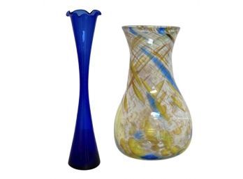 Pair Of Vases: Deep Blue Bud Vase & Handblown Glass Vase