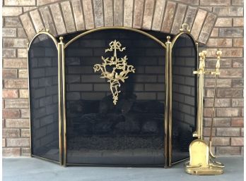 Ornate Three-panel Fireplace Screen With Brass Fireplace Tools