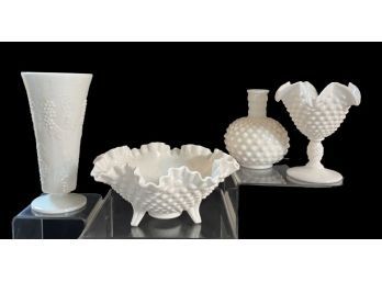 Milk Glass Including Fenton: Footed Crimped Bowl, Compote & Bud Vase
