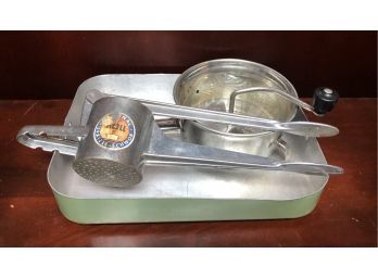 Vintage Kitchen Essentials: Aluminum Pan, Spatzle Maker And Food Mill