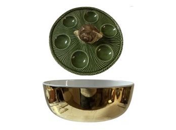Escargot Dish With ADORABLE Snail Decoration & Mid-Century Modern Gold Exterior Bowl