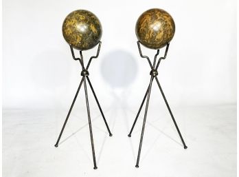 A Pair Of Large Decorative Marble Spheres On Wrought Iron Stands
