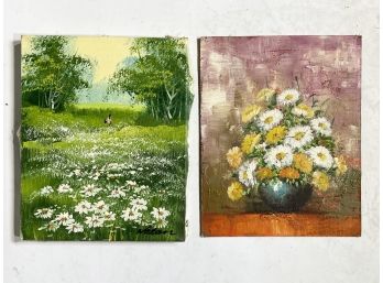 A Pairing Of Vintage Unframed Oil On Canvas Paintings - Landscape And Still Life