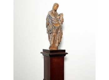 An Antique Madonna And Child On Mahogany Pedestal