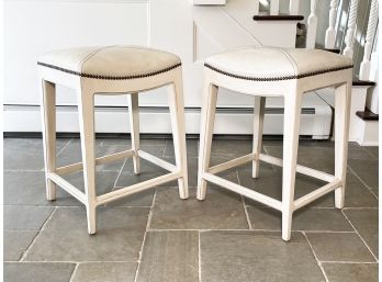 A Pair Of Leather Counter Stools With Nailhead Trim By Frontgate