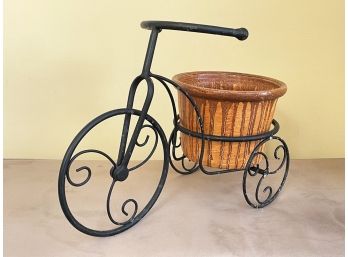 A Decorative Bicycle Form Plant Stand And Ceramic Pot