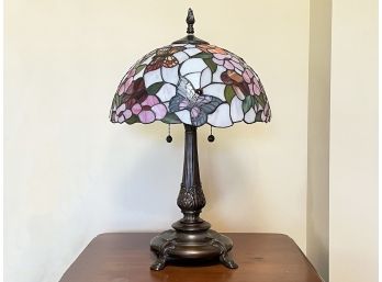 A Tifffany Style Stained Glass Lamp With Bronze Fittings