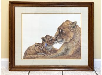 A Framed Original Print - African Lioness And Cubs