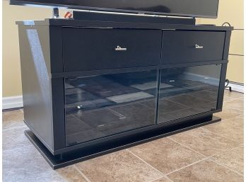 A Black Painted Wood And Glass Entertainment Stand