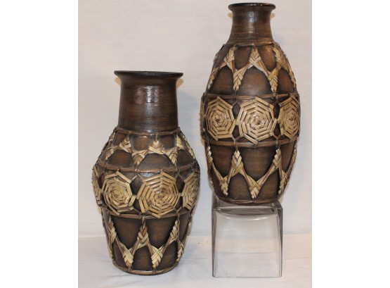 Pair Of Wicker Form Pottery Vases