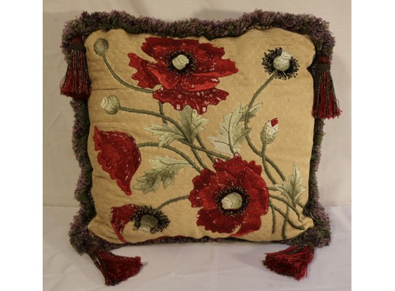 Art Nouveau Raised Poppy Themed Pillow With Surrounding Fringe
