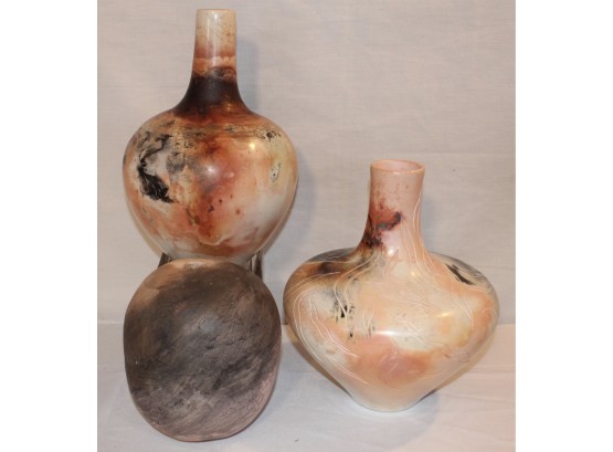 Three Pottery Raku Vases - Two By Platypus Studio