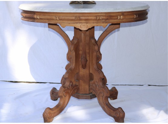 Victorian Oak Marble Top End Table With Metal Table Lamp