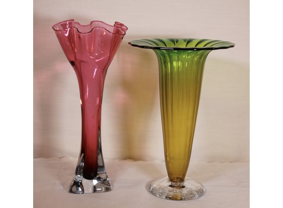 Two Artist Signed Art Glass Vases