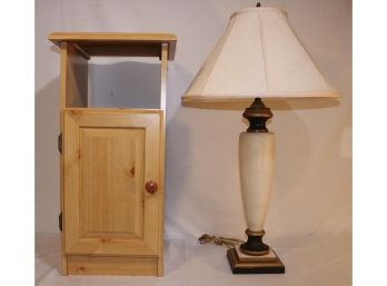 Pine Single Door Cabinet By Sauder With Italian-style Distressed & Turned Wood Polychrome Lamp