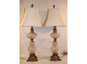 Vintage Gold And White Swirled Murano Glass Oil Style Lamps