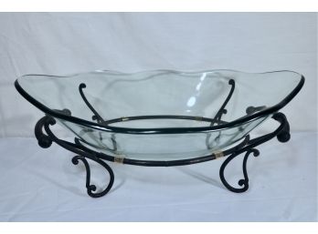 Monumental Wave Edge Glass Center Bowl On Handled Iron Stand