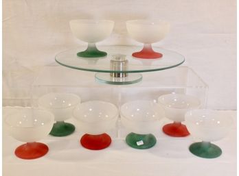 Set Of Eight Crisal Frosted Glass Sherbets & Glass Lazy Susan