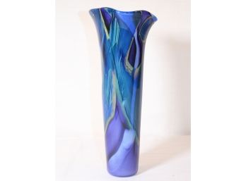 Art Glass Ruffled Rim Peacock Feather Vase- Signed Marlow