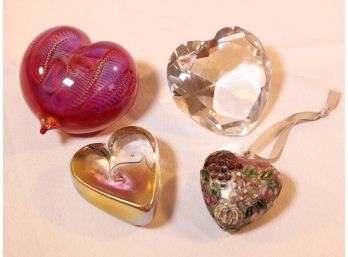 Collection Of Art Glass Heart Paperweights- Four Total