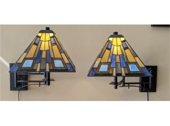 Pair Of Jewel Tone Robert Lewis Tiffany Stained Glass Swing Arm Wall Sconces