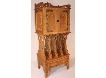 Antique Arts & Crafts Carved And Decorated Music Cabinet