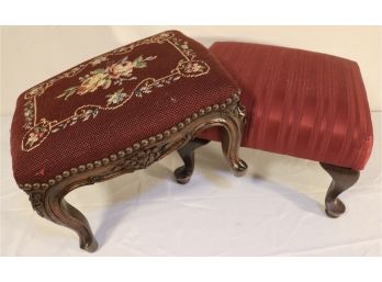 Pair Of Burgundy Upholstered Wood Footstools