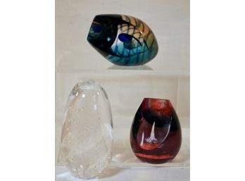 Collection Of Three Art Glass Paperweights- One By Robert Deeble, Two By Cathness