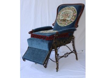 Victorian Wrought Iron Reclining Chair With Velour And Needlepoint Upholstery