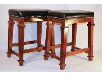 Pair Of Padded Faux Leather Mahogany Stools
