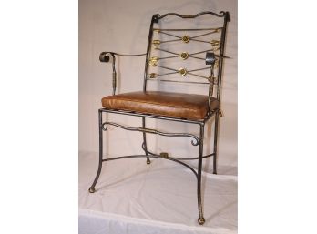 Iron & Brass Arrow Back Armchair With Leather Seat