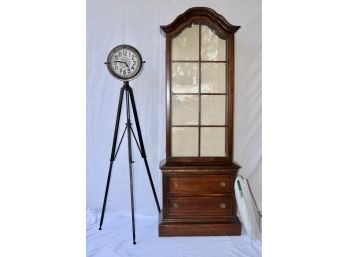 Vintage Wood Lighted Curio Cabinet By Brandt & Contemporary Quartz Clock