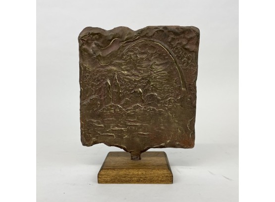 Vintage Bronze Square Sculpture On Wooden Base
