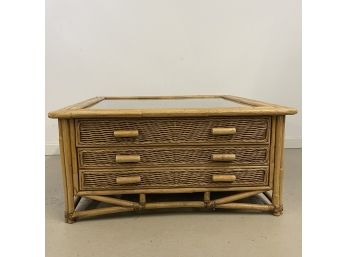 Rattan Coffee Table With Glass Top And Two Drawers