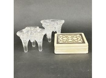 Pair Of Kosta Swedish Glass Candle Sticks And 4 Coasters
