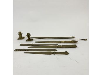 Lot Of Bronze Letter Openers And Pair Of Brass Figural Candle Snuffers