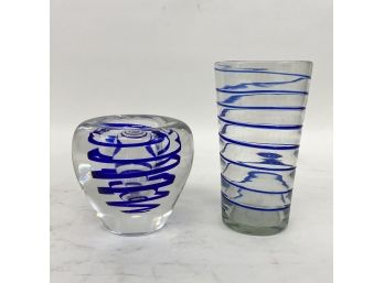 Pair Of Vintage Blue And Clear Art Glass Vases