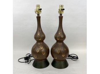 Pair Of Brown And Gold Ceramic Mid Century Lamps