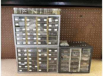 Two Akro - Mils Drawer Tabletop Or Wall Mount Storage W Various Nail Sizes, Wall Anchors, Etc