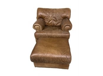 Wide Distressed Faux Leather Armchair & Ottoman W Nailhead Details