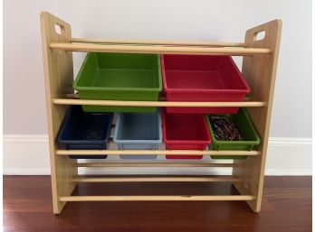 Blonde Wooden Toy Rack W Multi Colored Plastic Storage Containers